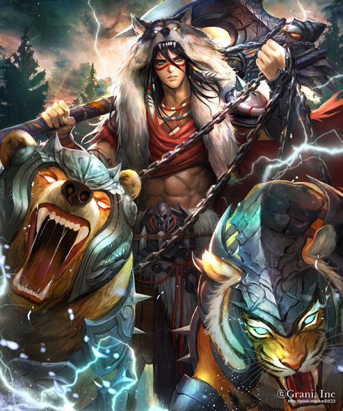 Anime picture 900x1080 with shingoku no valhalla gate kei1115 long hair tall image looking at viewer black hair holding cloud (clouds) teeth fang (fangs) facial mark muscle sharp teeth lightning native american boy weapon plant (plants) animal tree (trees)