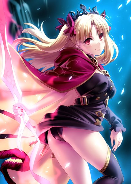 Anime picture 1500x2104 with fate (series) fate/grand order ereshkigal (fate) zen (kamuro) single long hair tall image looking at viewer blush fringe light erotic blonde hair smile red eyes ass nail polish looking back wind two side up :>
