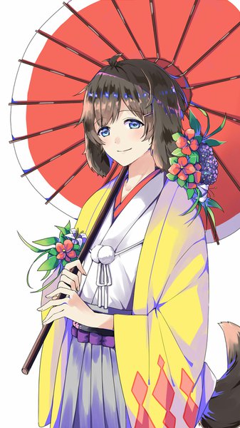 Anime picture 1080x1920 with tsukiuta nagatsuki yoru nancy (pixiv 11655364) single tall image blush fringe short hair blue eyes black hair simple background smile standing white background holding animal ears looking away ahoge tail traditional clothes