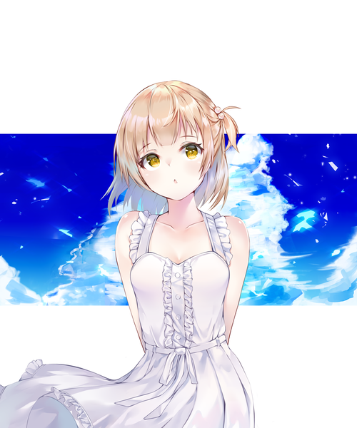 Anime picture 1500x1800 with original suigetsu (hjs1106) single tall image blush fringe short hair breasts open mouth blonde hair simple background standing white background bare shoulders yellow eyes sky cloud (clouds) blunt bangs head tilt multicolored hair