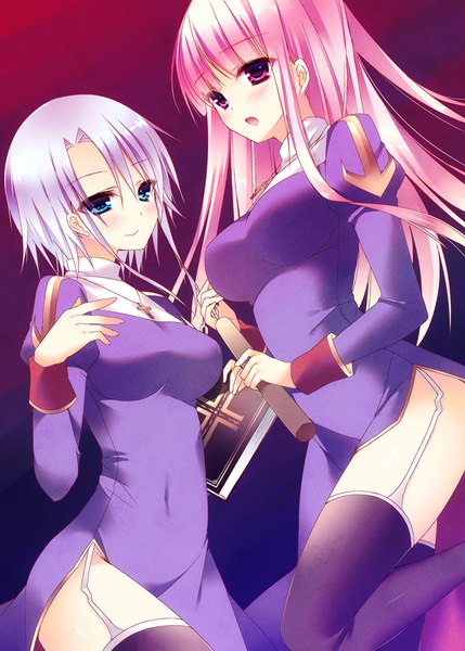 Anime picture 648x906 with unholy sanctuary ragnarok online priest (ragnarok online) constanze (unholy sanctuary) marianne (unholy sanctuary) sorai shin'ya 2h5roa long hair tall image looking at viewer blush short hair breasts light erotic simple background smile large breasts multiple girls holding looking away