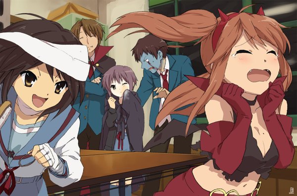 Anime picture 1500x991 with suzumiya haruhi no yuutsu kyoto animation suzumiya haruhi nagato yuki asahina mikuru kyon koizumi itsuki a-ka brown hair standing twintails multiple girls brown eyes yellow eyes eyes closed horn (horns) grey hair multiple boys midriff tears