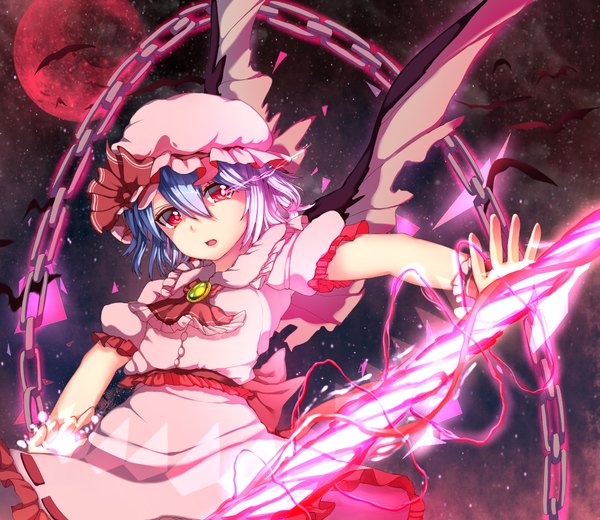 Anime picture 1500x1300 with touhou remilia scarlet papo single short hair open mouth red eyes blue hair looking away night magic glowing glowing eye (eyes) red moon girl dress animal wings moon chain
