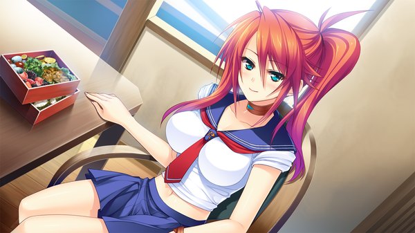 Anime picture 1280x720 with tsuyokiss next long hair looking at viewer blush breasts blue eyes wide image game cg ponytail red hair side ponytail girl skirt uniform serafuku necktie food obento