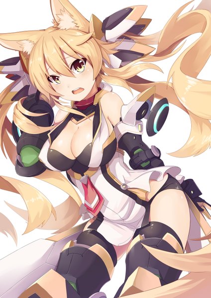 Anime picture 2480x3507 with original jie laite single long hair tall image looking at viewer blush fringe highres breasts open mouth light erotic simple background blonde hair hair between eyes large breasts white background twintails animal ears yellow eyes
