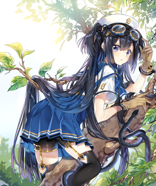 Anime-Bild 1200x1426 mit original pingo single tall image looking at viewer blush fringe open mouth blue eyes black hair hair between eyes payot bent knee (knees) outdoors very long hair pleated skirt mole two side up mole under eye turning head