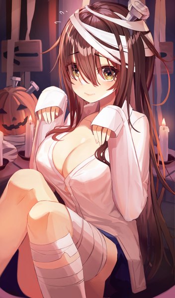 Anime picture 3659x6224 with original munseonghwa single long hair tall image looking at viewer blush fringe highres breasts light erotic smile brown hair large breasts yellow eyes absurdres bent knee (knees) long sleeves sleeves past wrists halloween