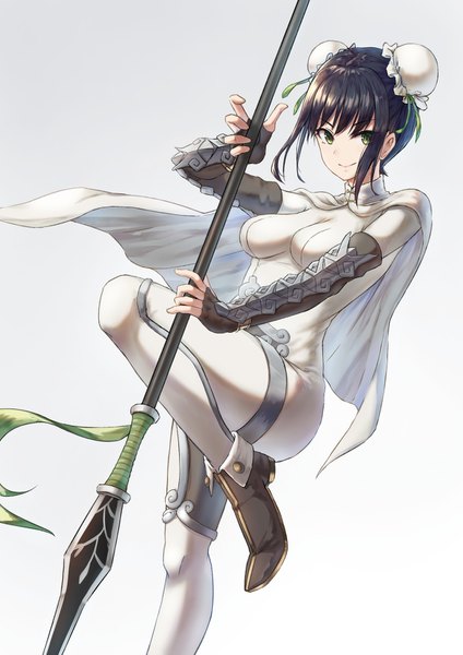 Anime picture 1158x1637 with fate (series) fate/grand order qin liangyu (fate) gohei (aoi yuugure) single tall image looking at viewer fringe short hair breasts black hair simple background smile standing holding green eyes payot bent knee (knees) grey background hair bun (hair buns)