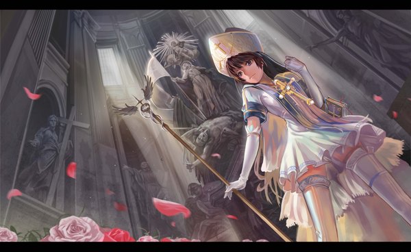 Anime picture 4299x2642 with original xiamianliele (artist) single long hair highres brown hair wide image purple eyes absurdres wind sunlight from below architecture girl thighhighs gloves flower (flowers) petals white thighhighs elbow gloves