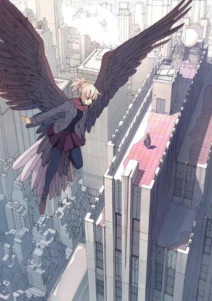 Anime picture 1200x1700 with original seo tatsuya tall image white hair ponytail city angel wings girl skirt wings roof