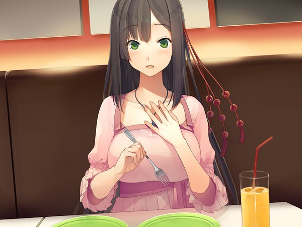 Аниме картинка 1024x768 с любовь, выборы и шоколад shinonome satsuki akinashi yuu длинные волосы чёрные волосы зелёные глаза game cg девушка