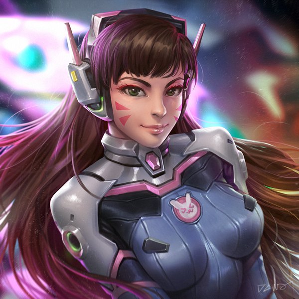 Anime picture 1000x1000 with overwatch blizzard entertainment d.va (overwatch) dcwj single long hair looking at viewer breasts smile brown hair large breasts green eyes signed lips blurry realistic depth of field floating hair facial mark portrait