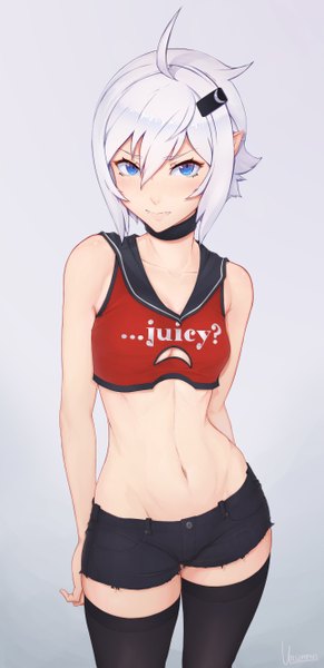 Anime picture 2577x5299 with original unsomnus single tall image looking at viewer blush fringe highres short hair breasts blue eyes light erotic simple background bare shoulders signed silver hair ahoge pointy ears teeth bare belly
