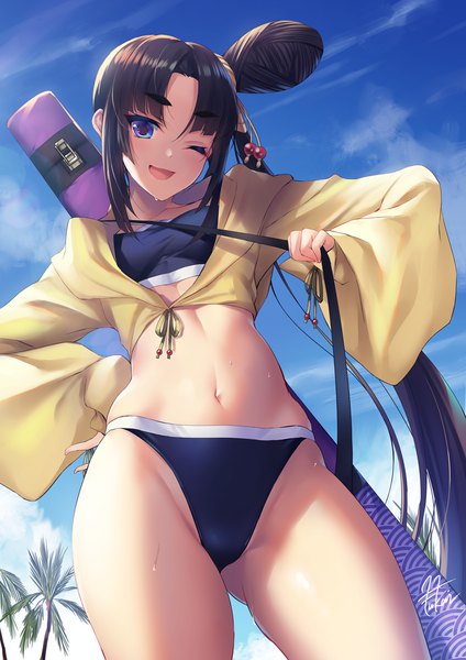 Anime picture 870x1230 with fate (series) fate/grand order ushiwakamaru (fate) ushiwakamaru (swimsuit assassin) (fate) fukai ryosuke single tall image looking at viewer blush fringe breasts open mouth blue eyes light erotic black hair smile standing payot sky cloud (clouds)