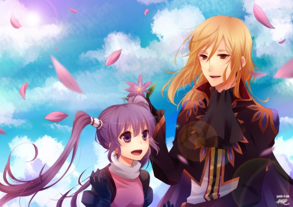 Anime picture 2104x1488 with tales of (series) tales of graces sophie (tales) richard (tales) kisaitu long hair highres open mouth blonde hair red eyes purple eyes twintails sky purple hair cloud (clouds) girl dress boy flower (flowers) suit