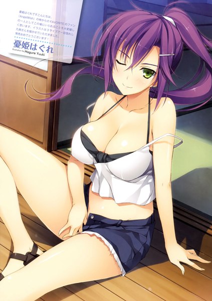 Anime picture 1200x1702 with yuuki hagure single long hair tall image breasts light erotic large breasts bare shoulders green eyes purple hair ponytail one eye closed wink scan legs girl shorts