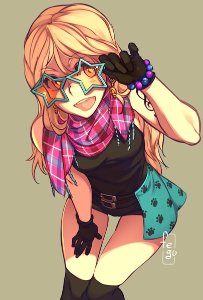 Anime-Bild 676x1001 mit original feguimel single long hair tall image looking at viewer fringe open mouth simple background blonde hair hair between eyes signed :d orange eyes tattoo leaning leaning forward thigh gap brown background paw print