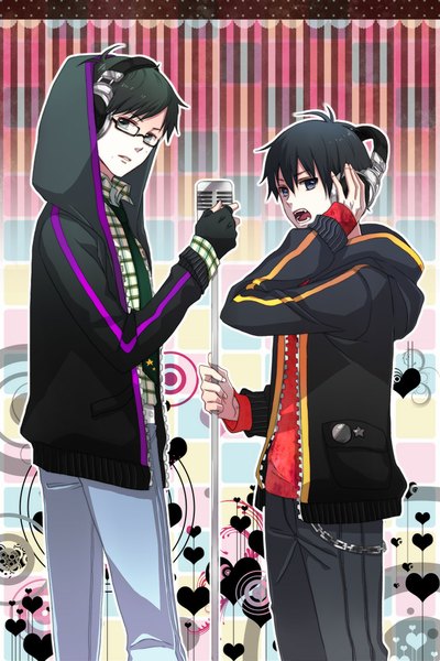 Anime picture 667x1000 with ao no exorcist a-1 pictures okumura rin okumura yukio tall image looking at viewer short hair open mouth black hair standing grey hair open clothes open jacket multiple boys grey eyes siblings brothers hand on headphones boy gloves
