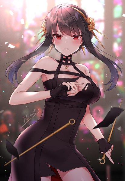 Anime picture 700x1014 with spy x family yor briar naomi (fantasia) single long hair tall image looking at viewer blush fringe breasts light erotic black hair hair between eyes red eyes large breasts standing bare shoulders signed cleavage indoors