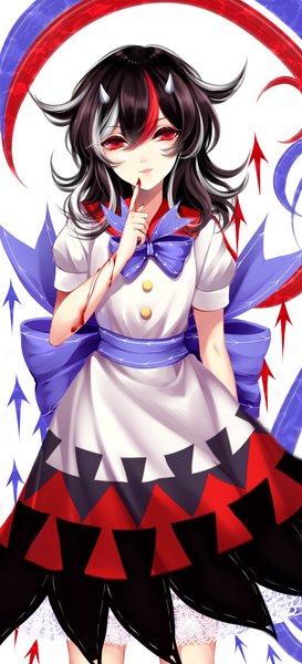 Anime picture 2000x4400 with touhou kijin seija sheya single long hair tall image looking at viewer fringe highres open mouth black hair smile hair between eyes red eyes multicolored hair horn (horns) streaked hair finger to mouth girl dress