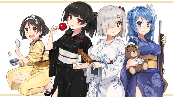 Аниме картинка 1920x1080 с флотская коллекция hamakaze destroyer isokaze destroyer admiral (kantai collection) urakaze destroyer tanikaze (kantai collection) kuro chairo no neko длинные волосы смотрит на зрителя румянец чёлка высокое разрешение короткие волосы грудь открытый рот голубые глаза лёгкая эротика чёрные волосы простой фон улыбка