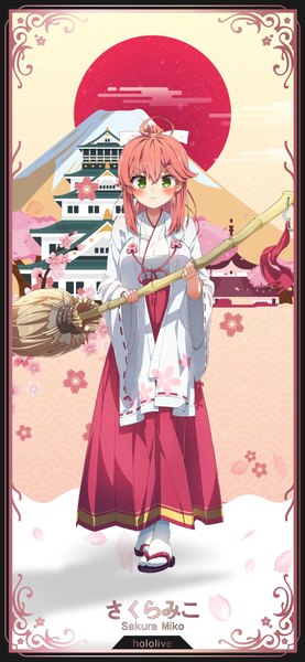 Anime picture 1290x2796 with virtual youtuber hololive sakura miko yuusha04 single long hair tall image looking at viewer blush fringe breasts hair between eyes large breasts standing green eyes pink hair full body ponytail traditional clothes japanese clothes