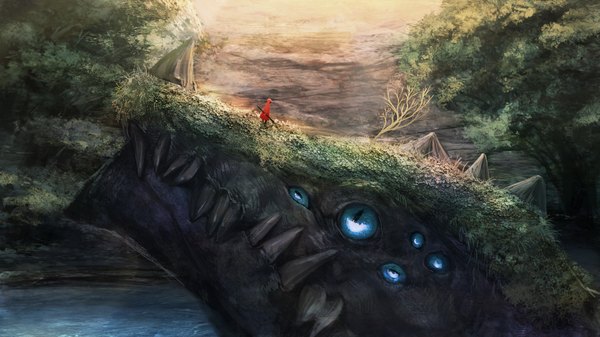 Anime picture 1920x1080 with original arizuka (13033303) single highres blue eyes wide image standing looking away sunlight scenic eyes girl plant (plants) tree (trees) water cape monster