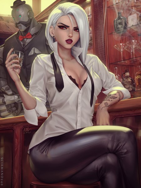 Anime picture 2100x2800 with overwatch blizzard entertainment ashe (overwatch) bob (overwatch) sciamano240 single tall image fringe highres short hair breasts light erotic hair between eyes red eyes standing sitting holding signed looking away cleavage