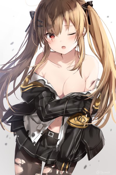 Anime picture 1155x1744 with girls frontline ump9 (girls frontline) mafuyu (chibi21) single long hair tall image looking at viewer blush fringe breasts open mouth light erotic simple background hair between eyes red eyes brown hair standing twintails bare shoulders signed