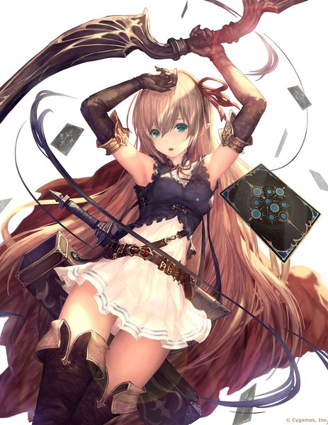 Anime picture 1390x1800 with shadowverse arisa (shadowverse) tachikawa mushimaro (bimo) single long hair tall image looking at viewer open mouth simple background blonde hair white background holding green eyes arms up girl gloves ribbon (ribbons) weapon hair ribbon elbow gloves