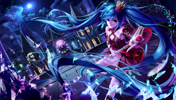 Anime picture 1280x732 with vocaloid hatsune miku kin toki single looking at viewer fringe blue eyes hair between eyes red eyes wide image twintails bare shoulders holding payot blue hair cloud (clouds) outdoors very long hair parted lips wind