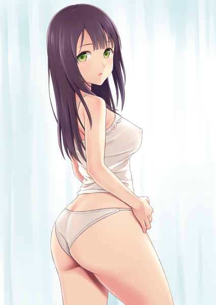 Anime picture 2900x4100 with original n.g. single long hair tall image looking at viewer blush fringe highres breasts open mouth light erotic black hair large breasts standing green eyes ass indoors blunt bangs from behind