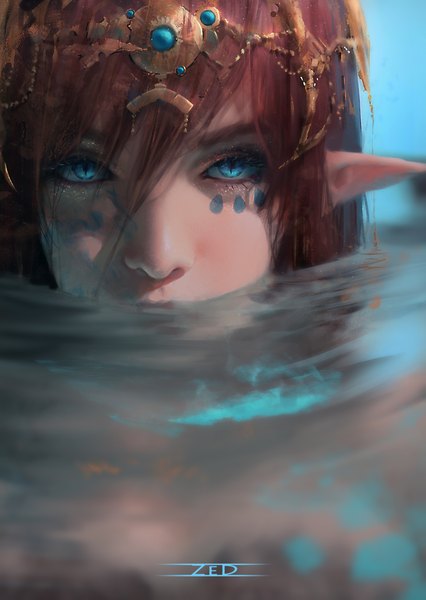Anime picture 1920x2704 with original zed single long hair tall image looking at viewer fringe highres blue eyes hair between eyes brown hair signed pointy ears realistic partially submerged facial mark elf slit pupils girl water