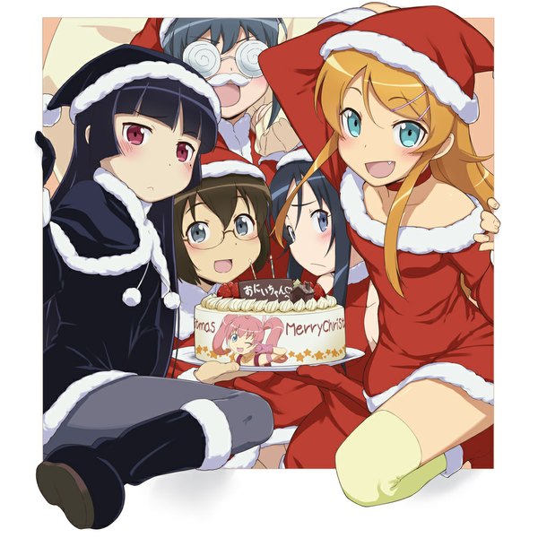 Anime picture 1000x1000 with ore no imouto ga konna ni kawaii wake ga nai gokou ruri kousaka kirino aragaki ayase makishima saori tamura manami long hair blush short hair open mouth blue eyes black hair red eyes multiple girls orange hair teeth fang (fangs) fur trim christmas merry christmas