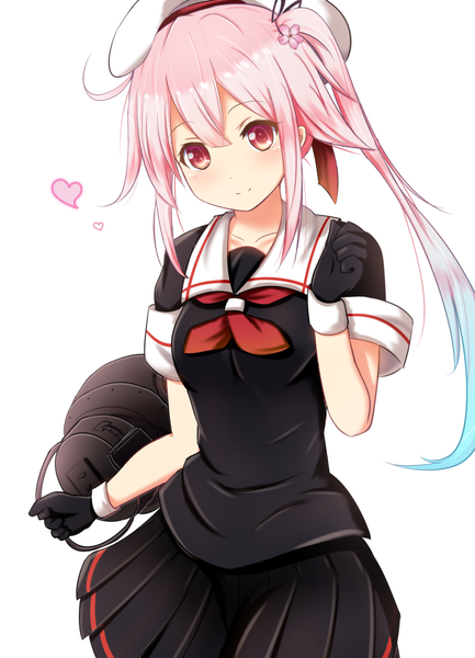 Anime picture 867x1200 with kantai collection harusame destroyer cuon (kuon) single long hair tall image looking at viewer blush smile red eyes white background pink hair ponytail side ponytail girl skirt gloves black gloves sailor suit