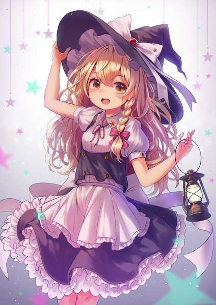 Anime picture 1191x1684 with touhou kirisame marisa pyonsuke (pyon2 mfg) single long hair tall image looking at viewer fringe open mouth blonde hair smile yellow eyes braid (braids) short sleeves puffy sleeves wavy hair side braid frilly skirt double buttons underbust