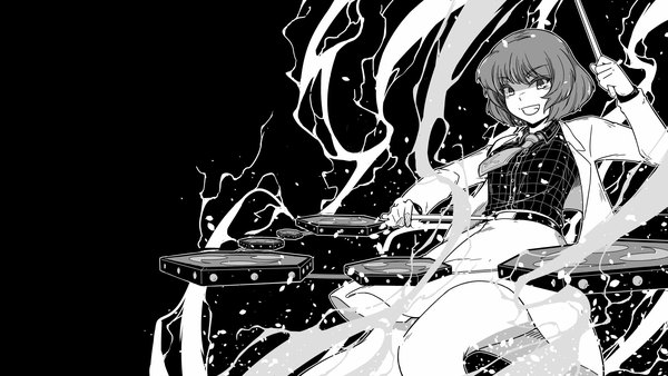 Anime picture 1920x1080 with touhou horikawa raiko sunatoshi single looking at viewer highres short hair simple background smile wide image long sleeves wallpaper grin black background monochrome plaid lightning outline playing girl