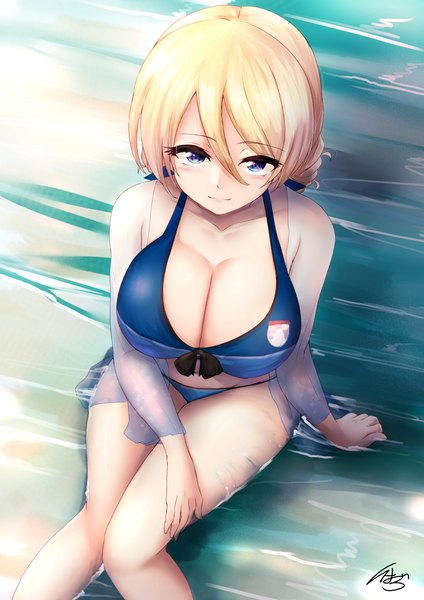 Anime picture 868x1228 with girls und panzer darjeeling (girls und panzer) ibara azuki single tall image looking at viewer fringe short hair breasts blue eyes light erotic blonde hair smile hair between eyes large breasts sitting signed payot cleavage bent knee (knees)