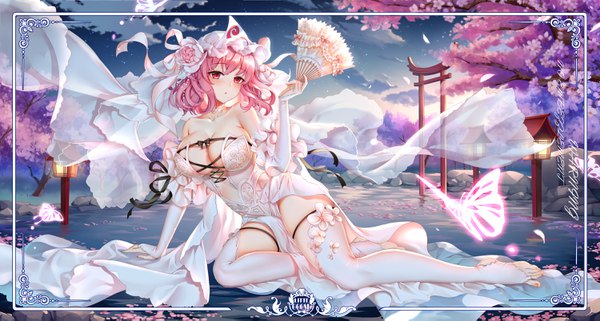 Anime picture 3000x1606 with touhou saigyouji yuyuko yue xiao e single looking at viewer blush fringe highres short hair breasts light erotic hair between eyes red eyes wide image large breasts sitting bare shoulders holding pink hair sky