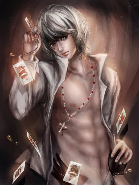 Anime picture 1500x2000 with death note madhouse near rikamello single tall image looking at viewer fringe highres short hair blue eyes light erotic silver hair nipples white hair lips realistic open clothes open shirt brown background