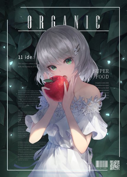 Anime picture 4300x6000 with original crystalherb single tall image looking at viewer fringe highres short hair open mouth hair between eyes holding green eyes absurdres silver hair upper body :o text english girl dress