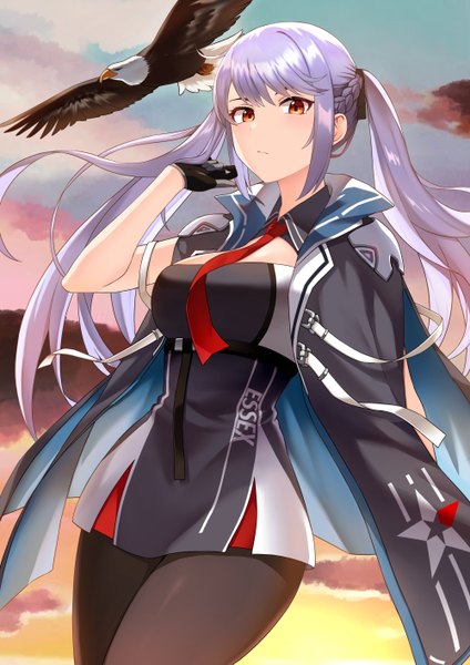 Anime picture 1000x1415 with azur lane essex (azur lane) child (isoliya) single long hair tall image looking at viewer blush fringe breasts red eyes standing twintails payot sky purple hair cloud (clouds) outdoors braid (braids) arm up