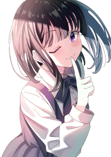 Anime picture 1131x1600 with original koh rd single tall image looking at viewer blush fringe short hair black hair simple background smile standing white background purple eyes blunt bangs long sleeves one eye closed wink floating hair finger to mouth