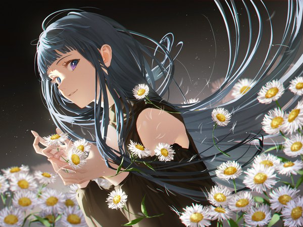 Anime picture 2732x2048 with original champi single long hair looking at viewer fringe highres purple eyes blue hair upper body blunt bangs light smile wind girl flower (flowers) detached sleeves
