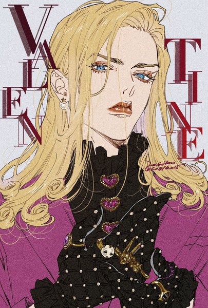 Anime picture 1181x1748 with jojo no kimyou na bouken steel ball run funny valentine hagiko single long hair tall image looking at viewer blue eyes blonde hair signed upper body character names lipstick turning head drill hair eyeshadow fashion boy gloves