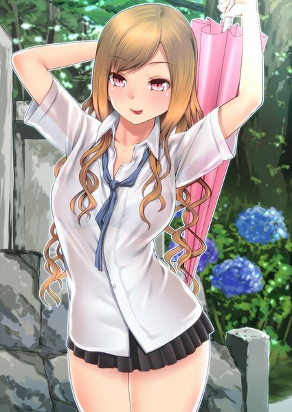 Anime picture 620x876 with original amasora taichi single long hair tall image looking at viewer blush fringe open mouth light erotic blonde hair smile standing pleated skirt pink eyes wavy hair arms behind head open collar summer closed umbrella