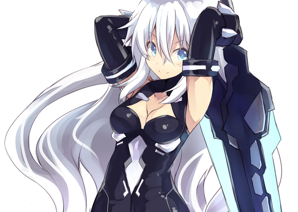 Anime picture 1812x1295 with choujigen game neptune noire black heart nomalandnomal single long hair looking at viewer fringe highres breasts simple background smile hair between eyes white background holding aqua eyes open clothes armpit (armpits) girl gloves