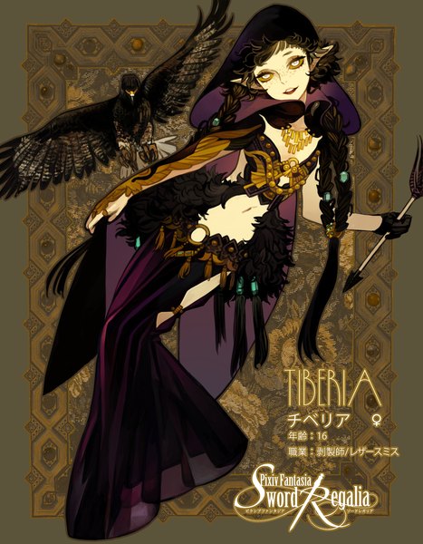 Anime picture 1300x1669 with original pixiv fantasia pixiv fantasia sword regalia bloody pepper long hair tall image open mouth black hair braid (braids) pointy ears inscription bare belly silver eyes freckles girl navel hair ornament animal bird (birds) hood