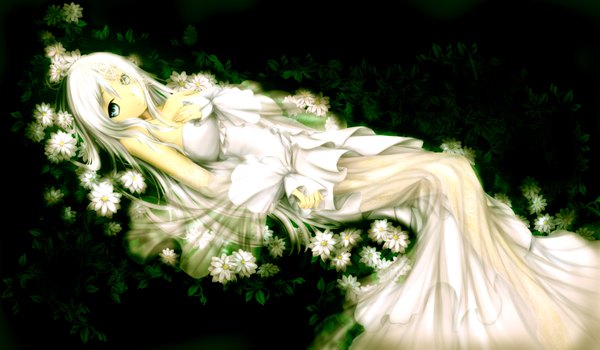 Anime picture 3576x2091 with original ulquiorra0 single long hair highres blue eyes wide image bare shoulders absurdres white hair girl dress flower (flowers)