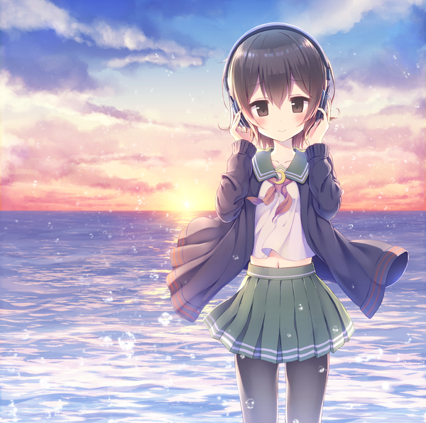 Anime picture 1750x1736 with kantai collection mutsuki destroyer alc (ex2 lv) single looking at viewer blush fringe highres short hair hair between eyes brown hair brown eyes sky cloud (clouds) light smile bare belly horizon remodel (kantai collection) morning hand on headphones